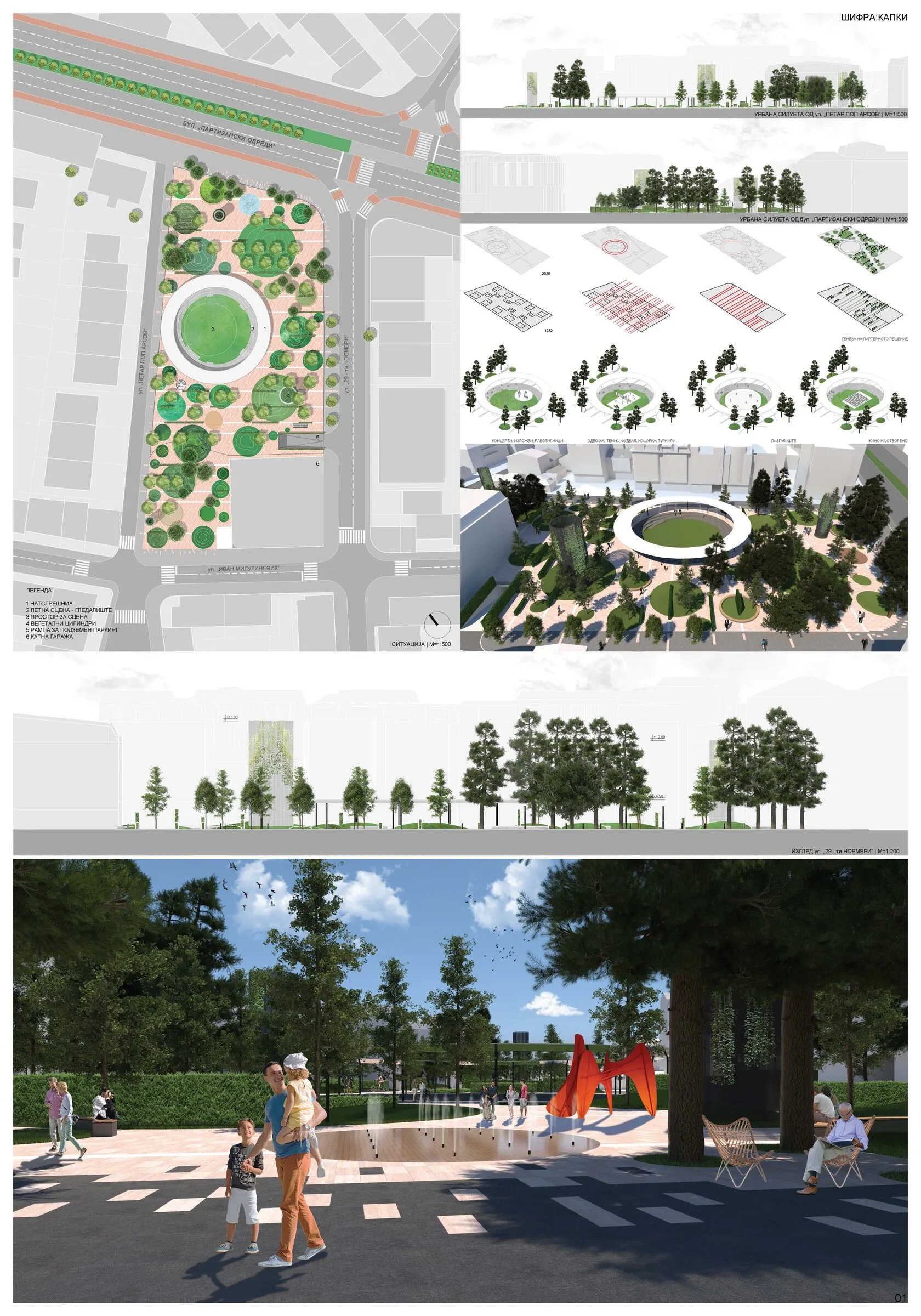 Ситуација со распоред на паркот, изометриски погледи и 3Д перспективи