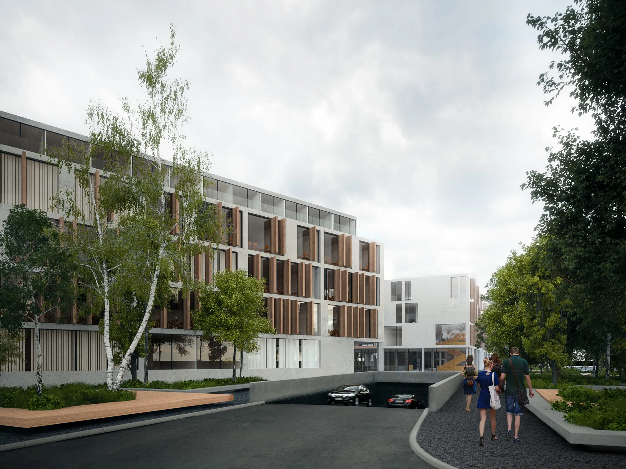 Главен екстериерен поглед со фасада од дрвени ламели