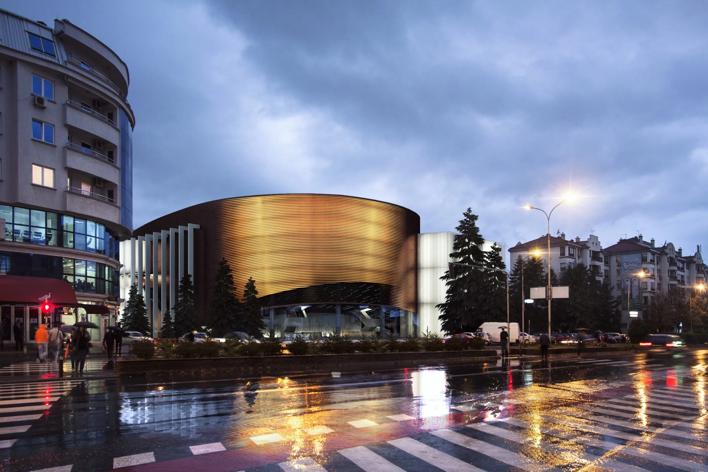 Ноќен поглед на осветлената извиена бакарна фасада со публика