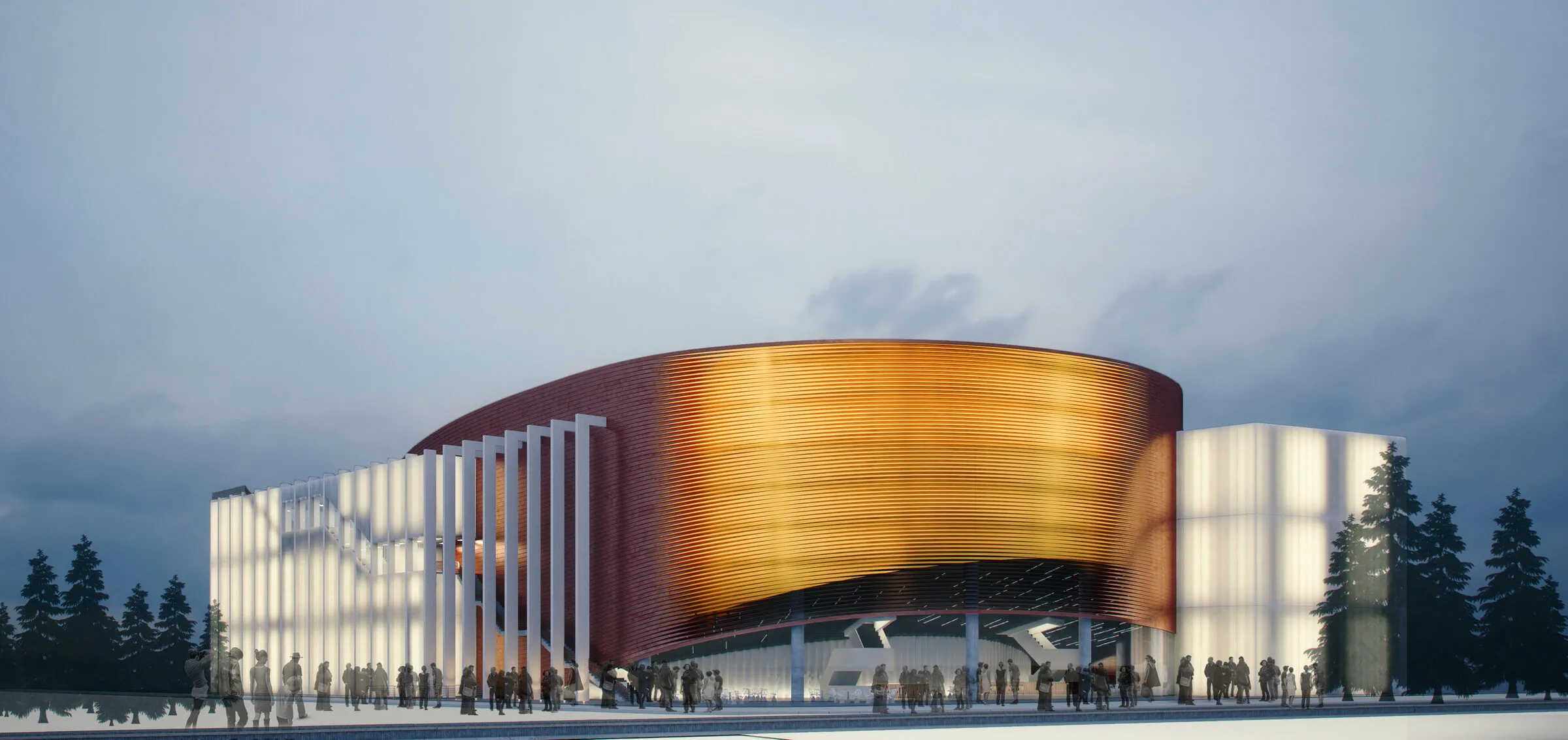 Преден екстериерен поглед во самрак со бакарниот волумен