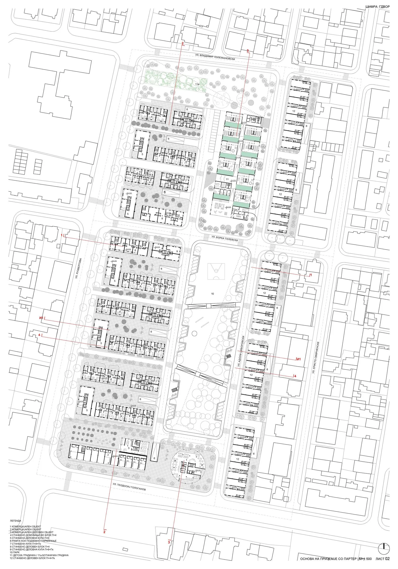 Ситуација на приземје со габарити на згради и јавни простори
