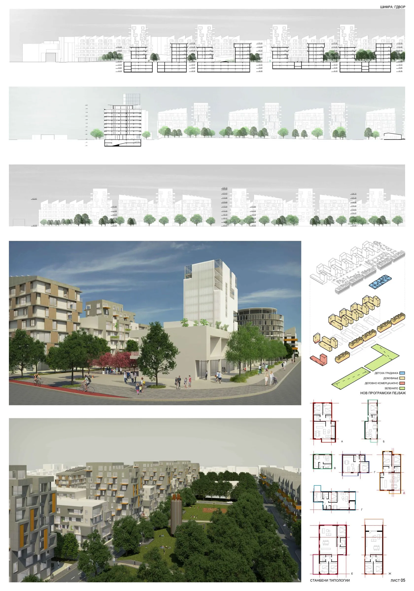 Пресеци на улици, визуелизации на дворови и детали на фасади