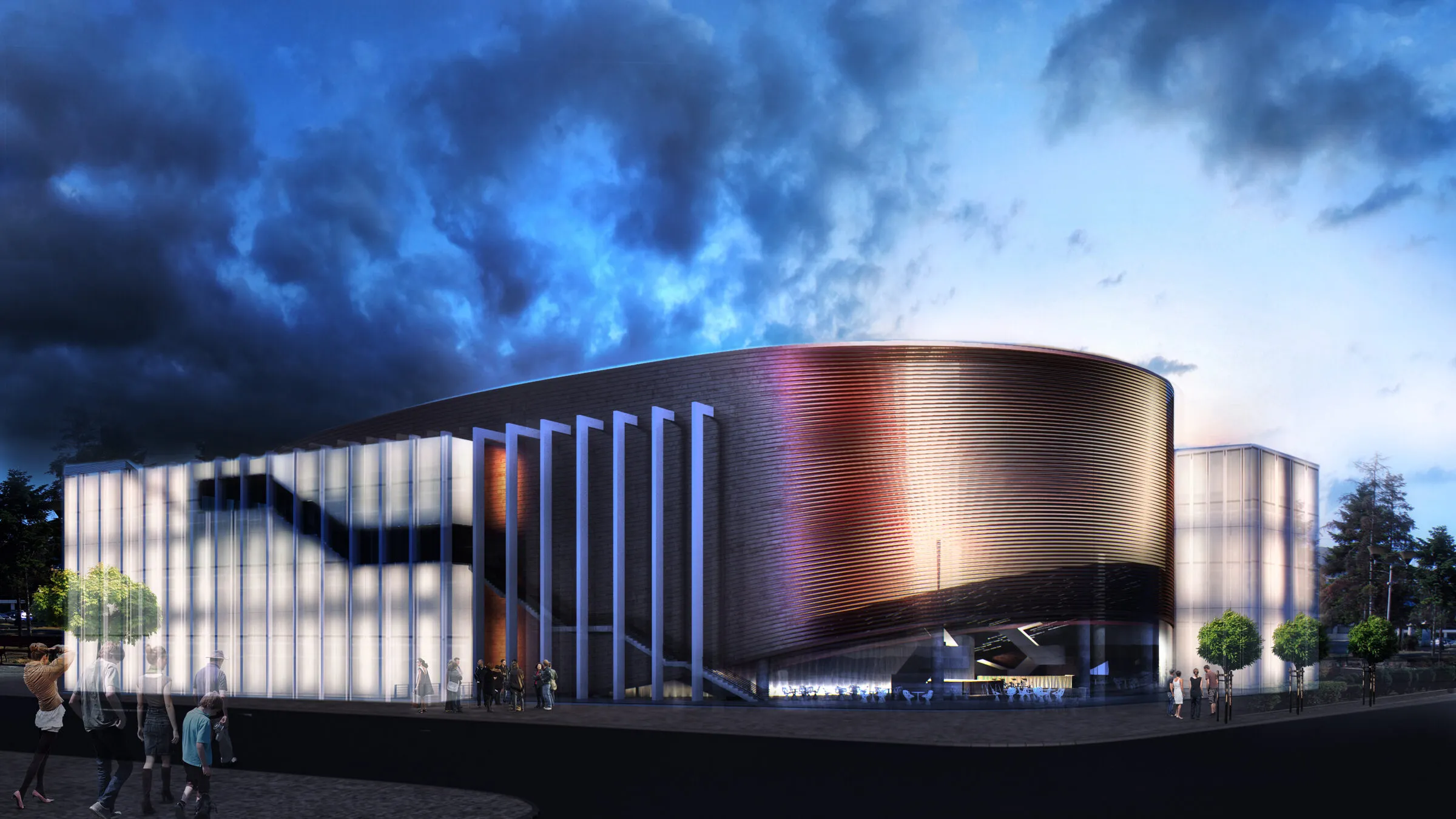 Вечерен екстериерен поглед со осветлување на фасадата