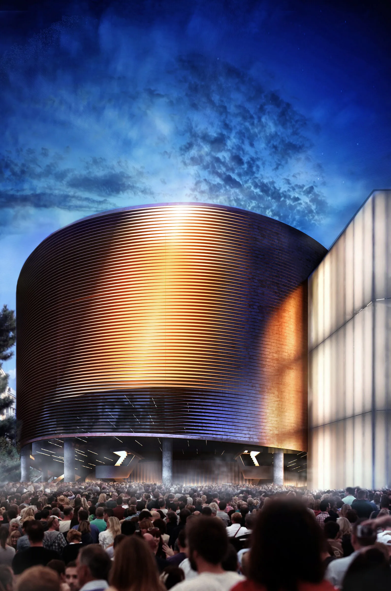 Ноќен екстериер со публика пред влезот