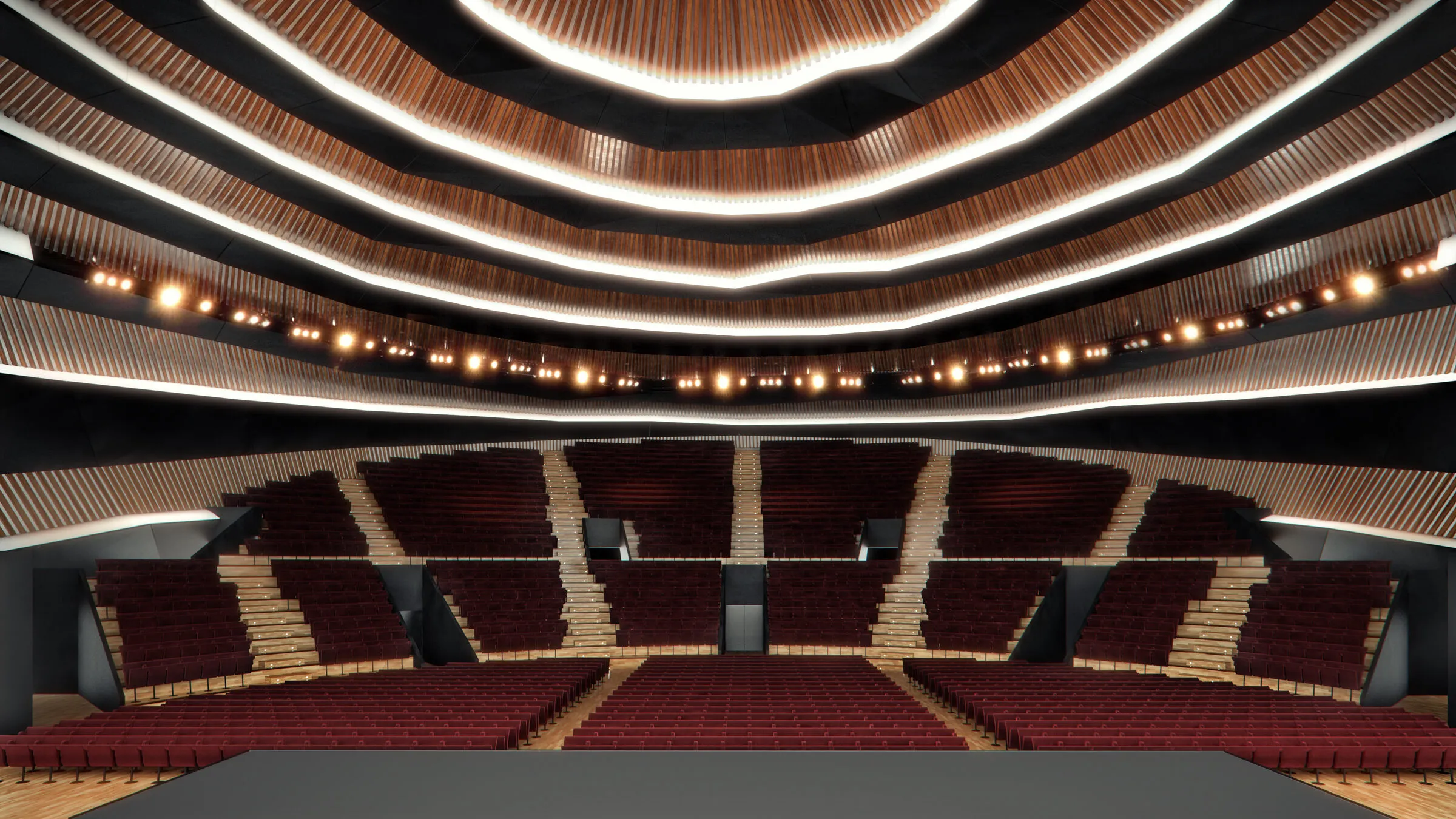 Интериерен поглед на главниот аудиториум со извиен дрвен плафон