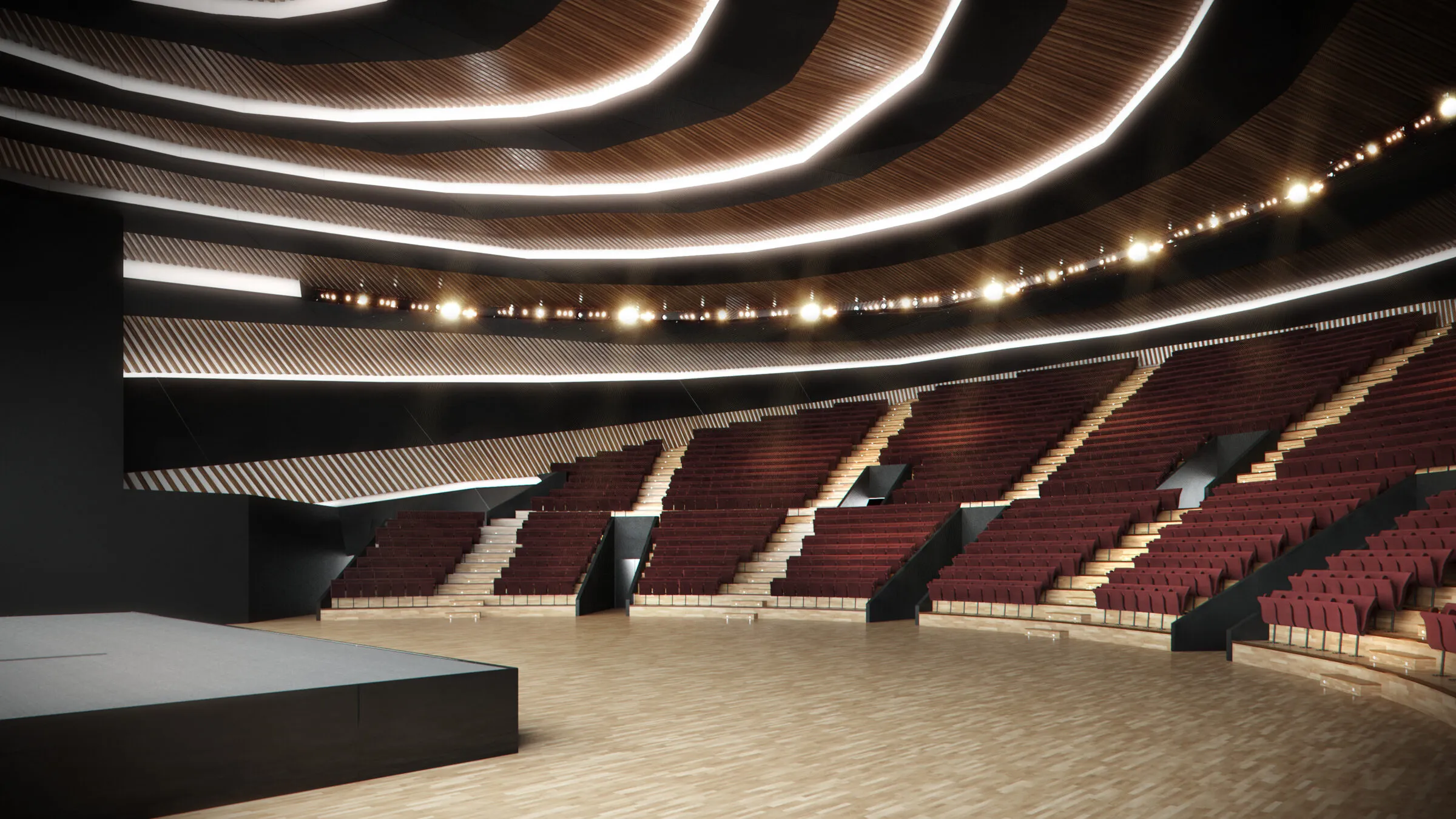 Седишта и сцена со драматичните плафонски прстени