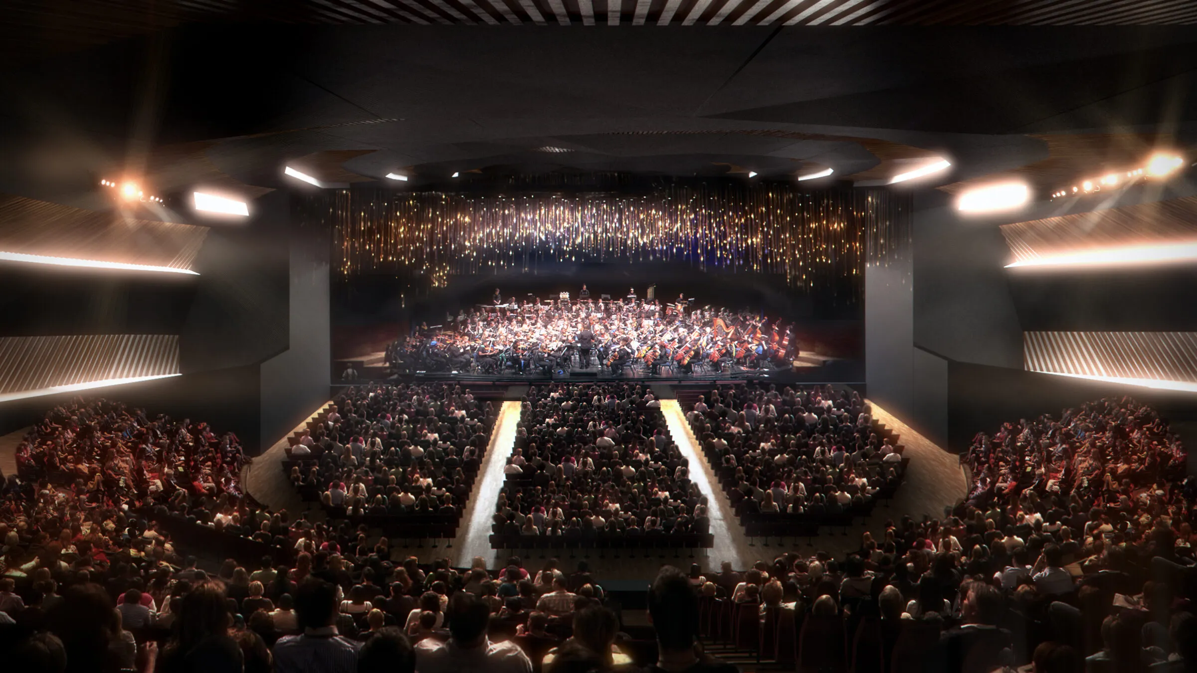 Интериер за време на оркестарски концерт со полна публика