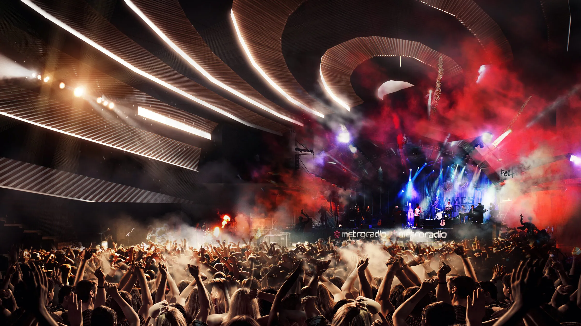 Интериер за време на концерт со сценско осветлување