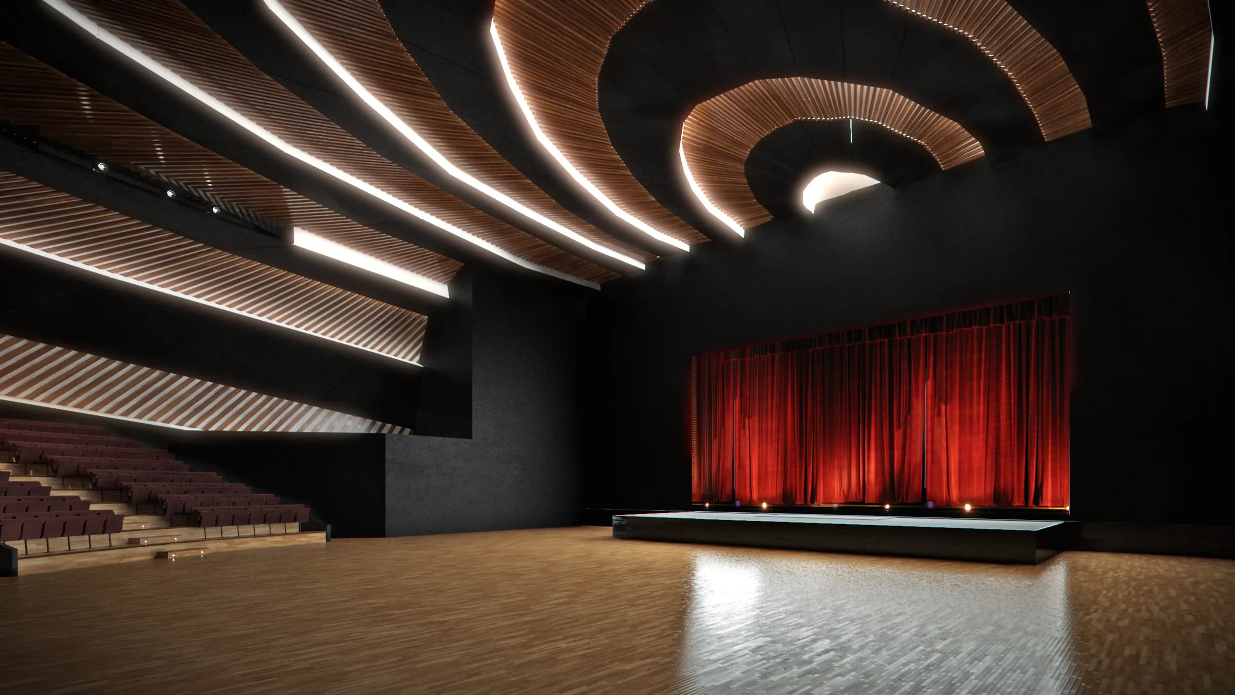 Поглед од сцена со детал на плафон и балконски седишта