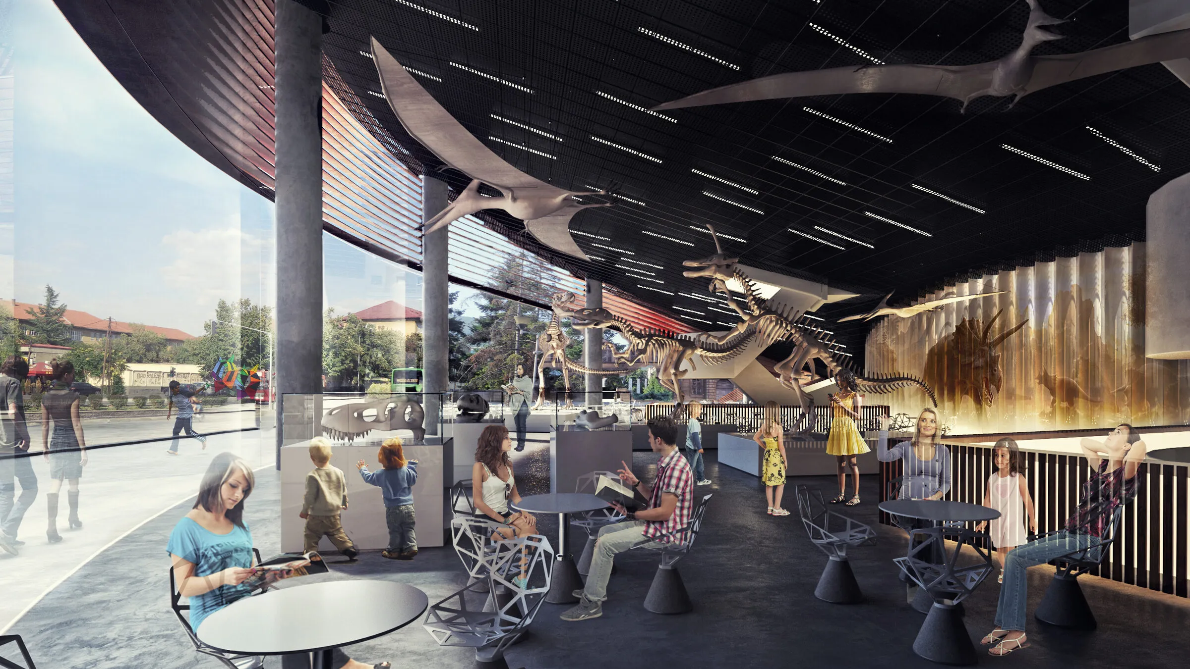 Интериерен изложбен простор со скелет на диносаурус