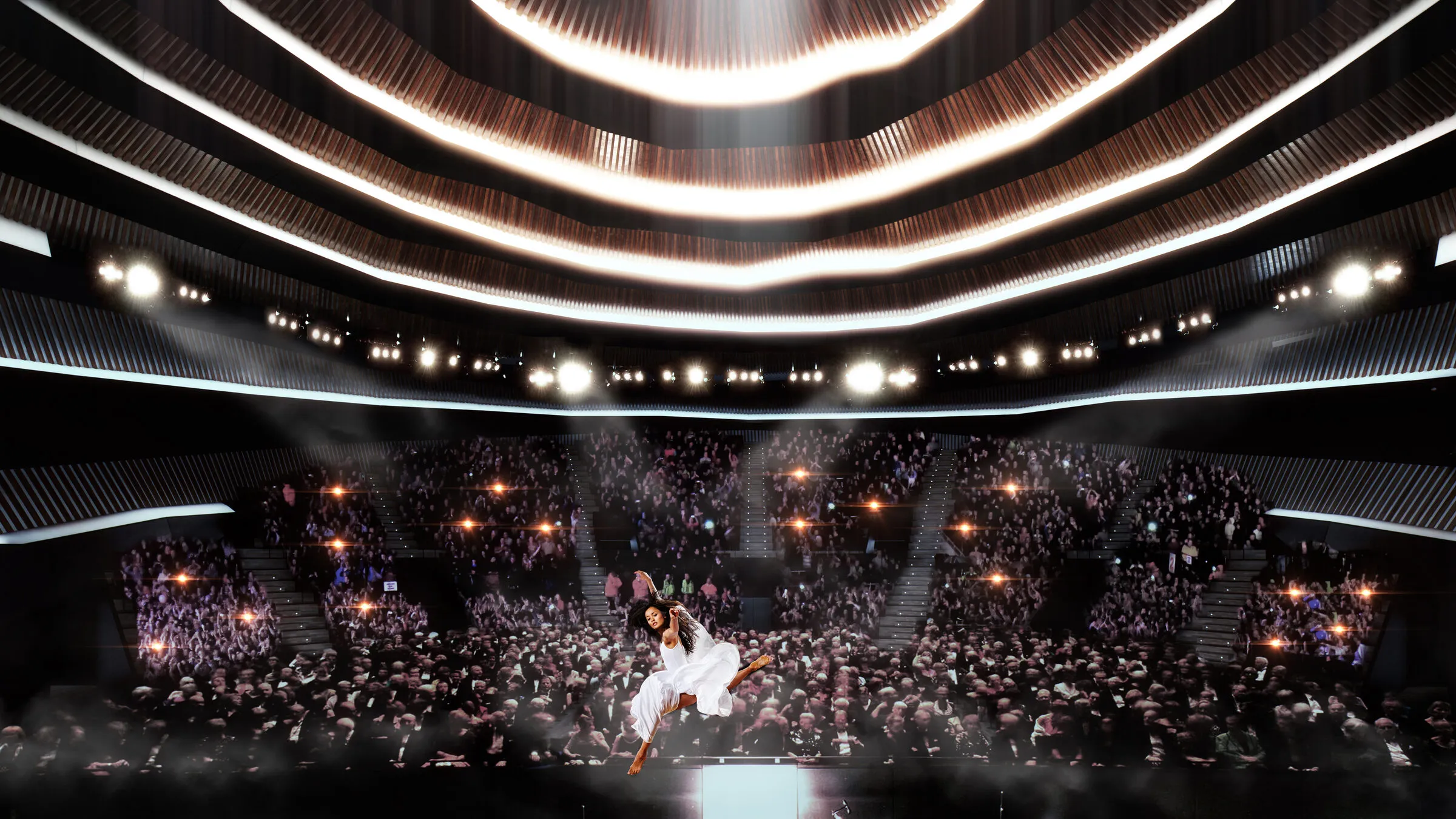 Интериер за време на танцов перформанс со полна публика